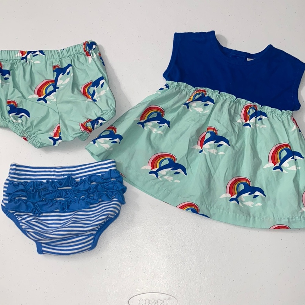 Hanna Andersson Blue Short Sleeve Dolphin Rainbow Dress + 2 Bloomers 3-6 Months